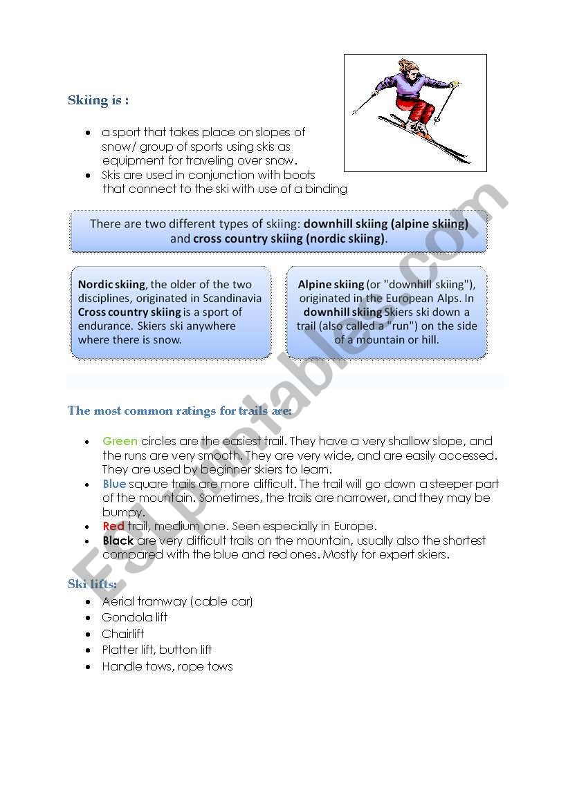 Ski vocabulary worksheet