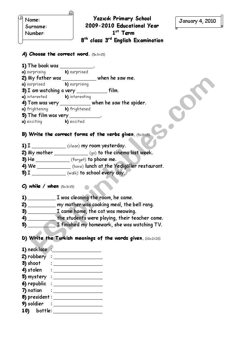 8th grades 3rd exam worksheet