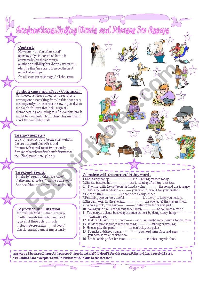 Conjunctions: Useful linking words for essays(+ Key)