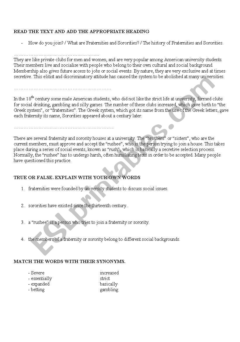 sororities and fraternities worksheet