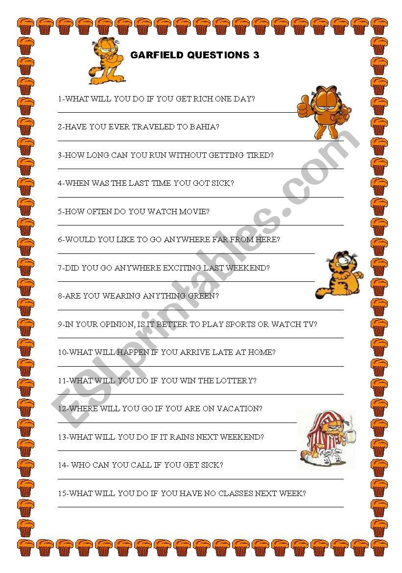 GARFIELD QUESTIONS 3 worksheet