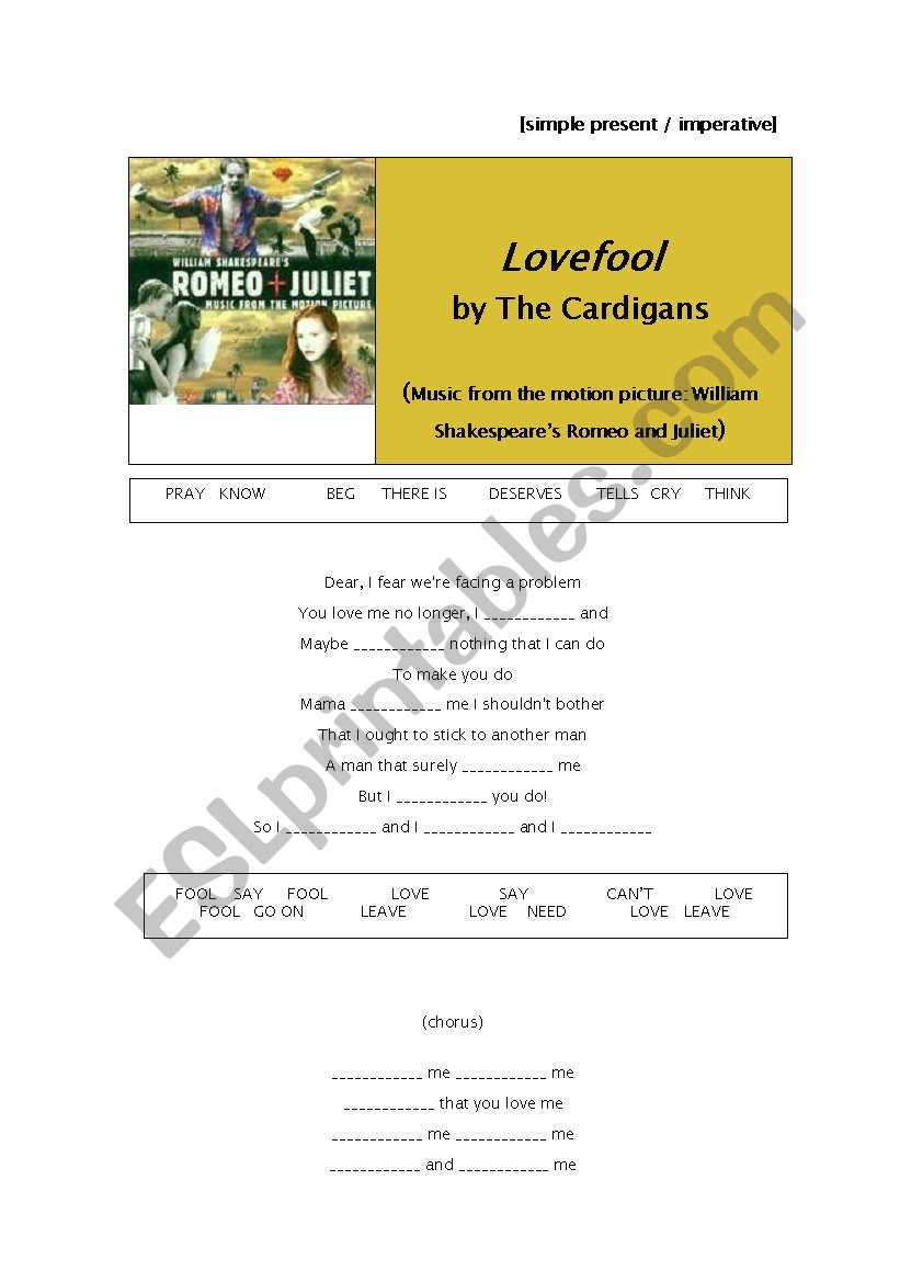 Lovefool by The Cardigans worksheet