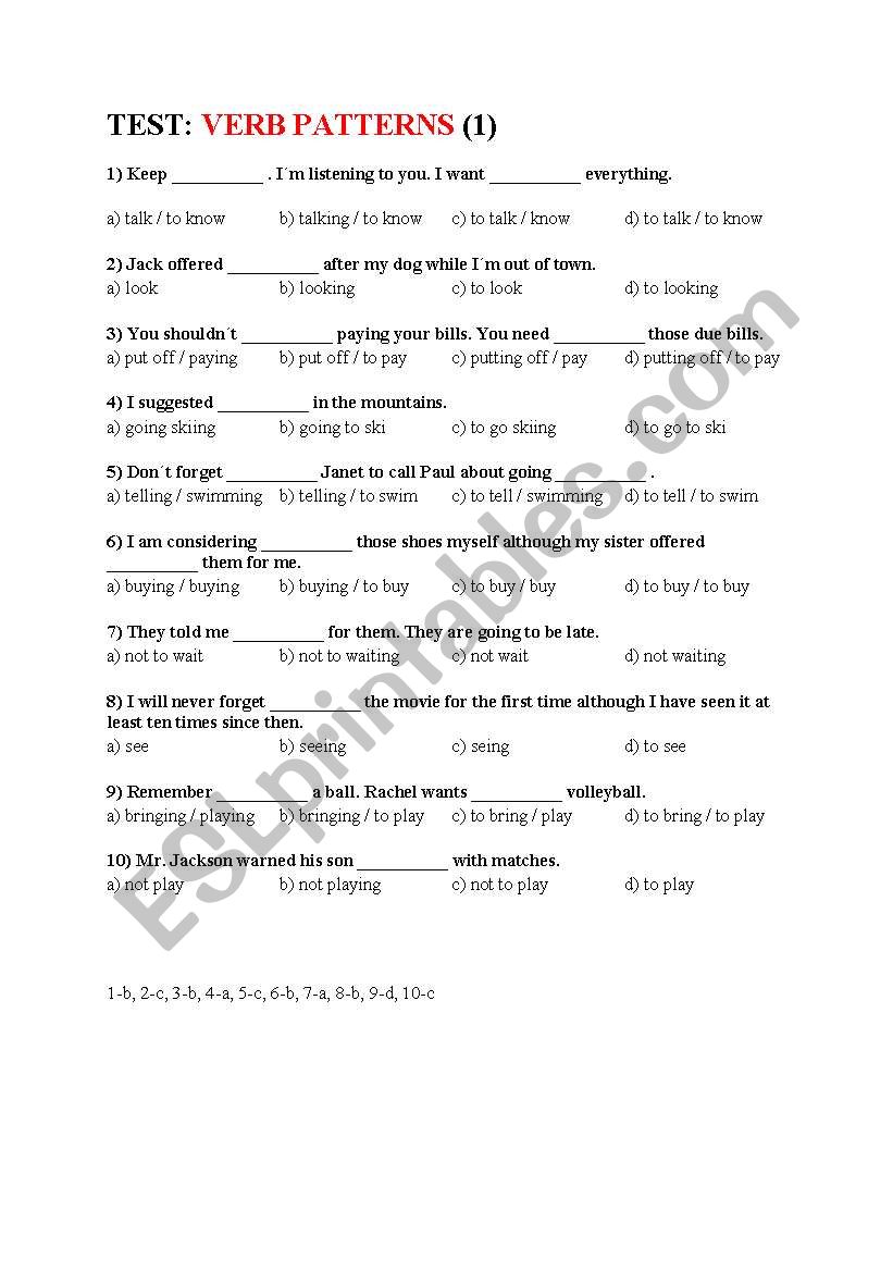 VERB PATTERNS (test 1) worksheet