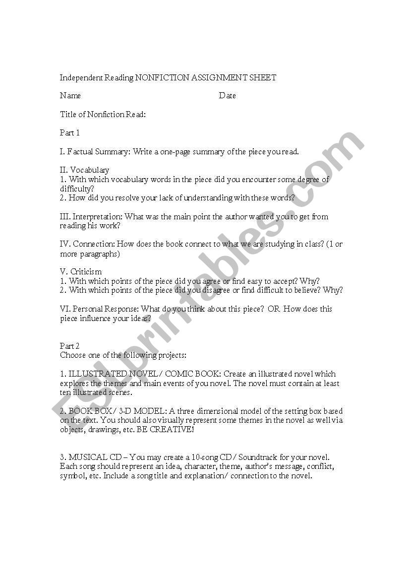 Independent Reading Activity worksheet