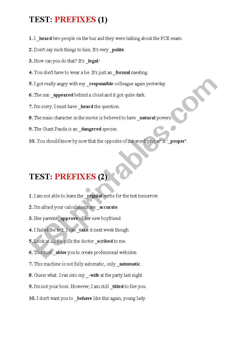 PREFIXES (tests) worksheet