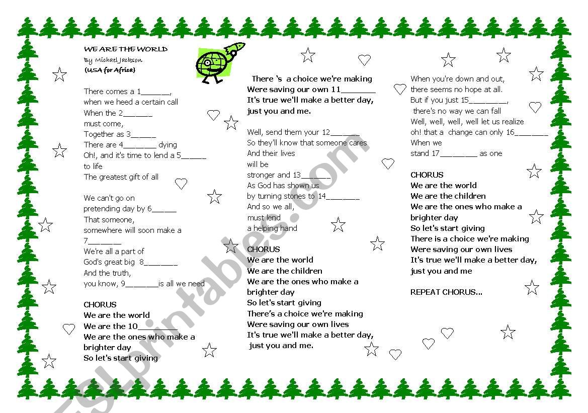 song: We are the world worksheet