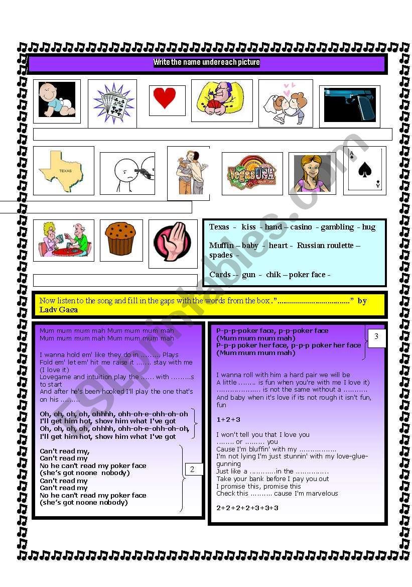 Poker face  by Lady Gaga worksheet