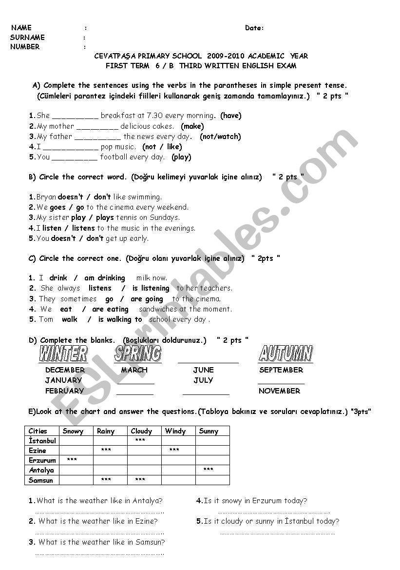 first term third exam class 6th