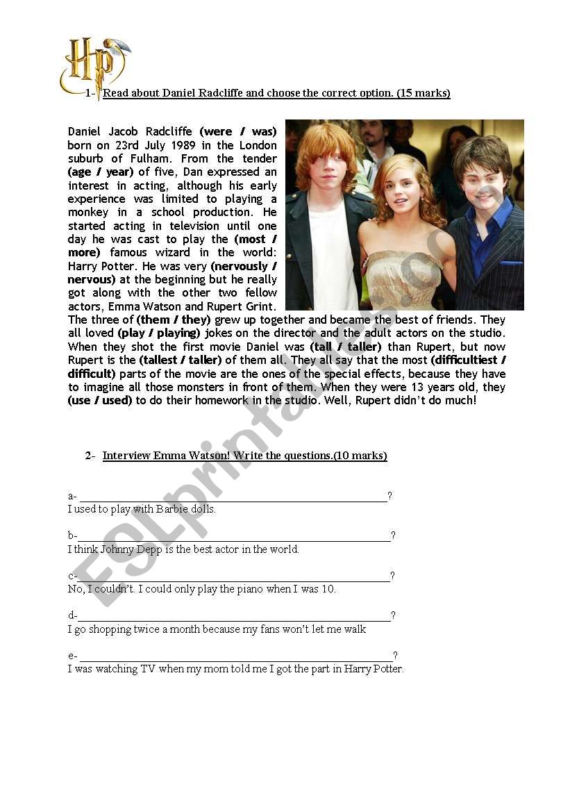 Harry Potter -  5th Form Exam worksheet