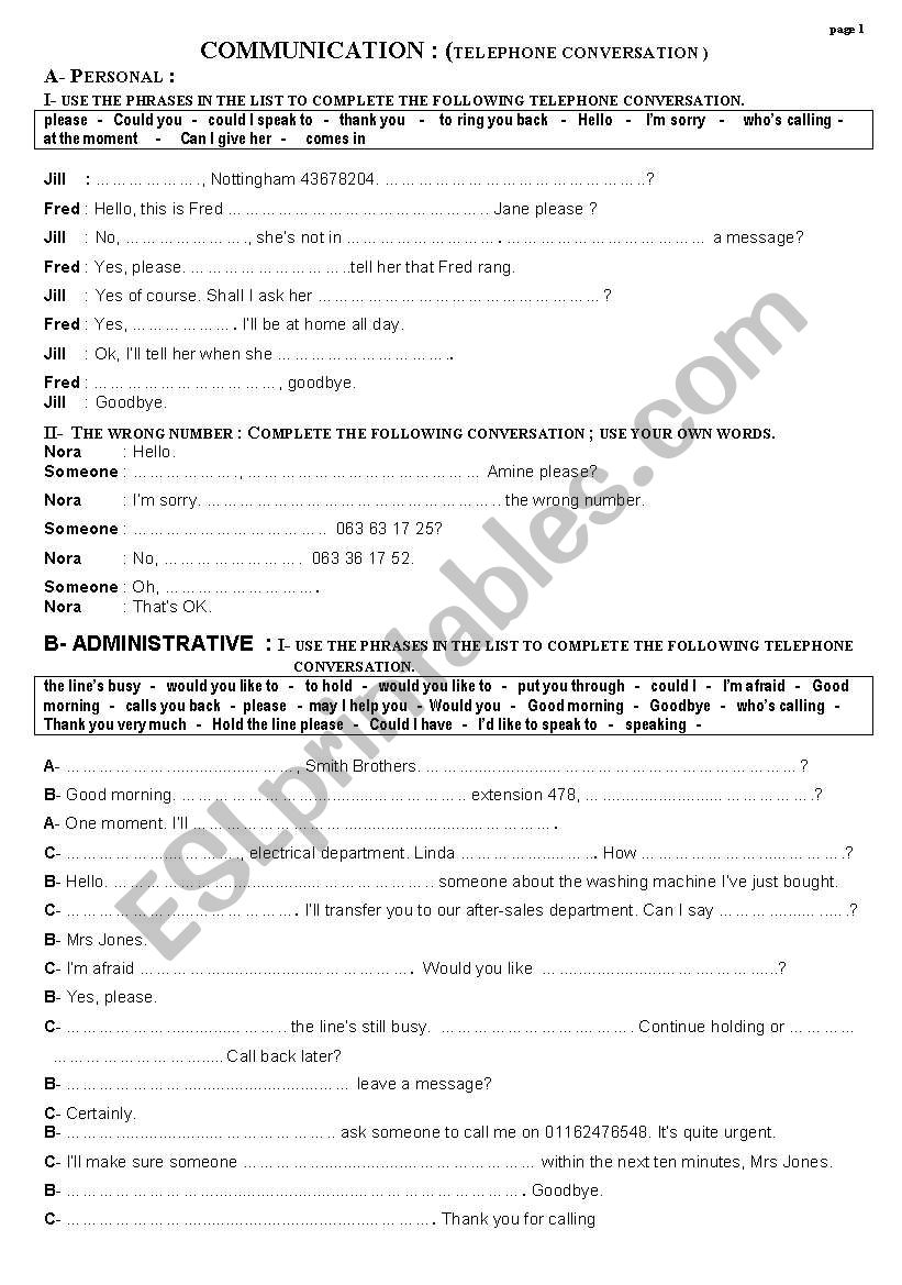 Telephone Conversation worksheet