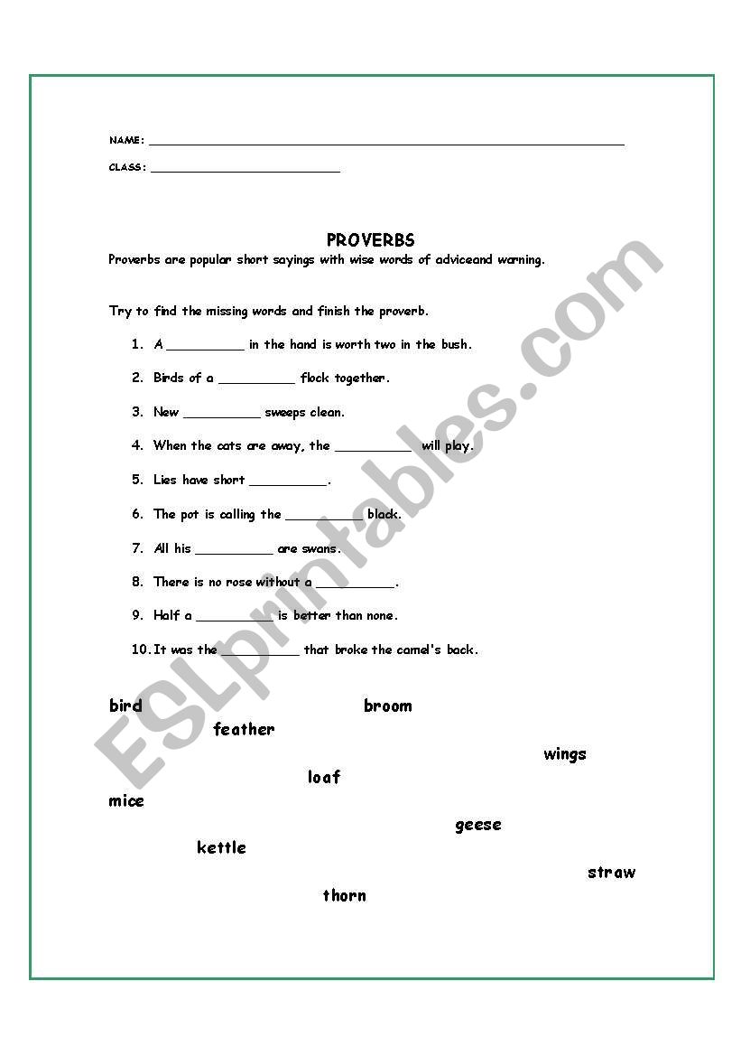 Proverbs worksheet