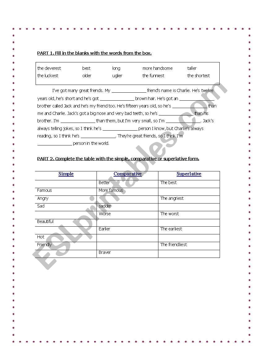Comperatives and superlatives worksheet