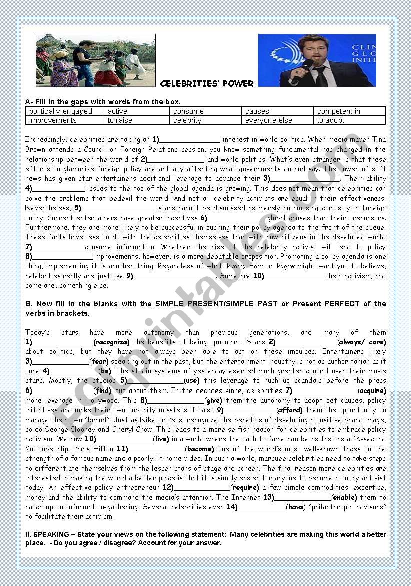  FAME - CELEBRITIESÂ´ POWER worksheet