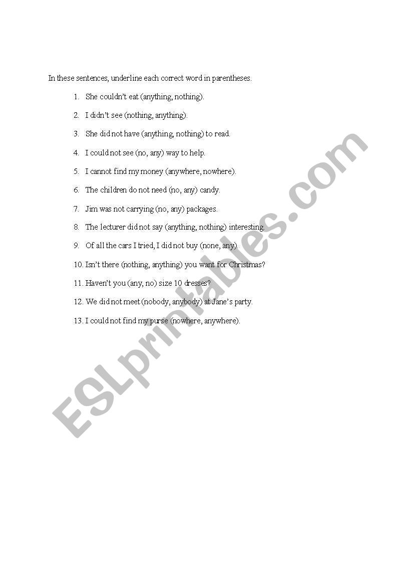 Double negatives worksheet