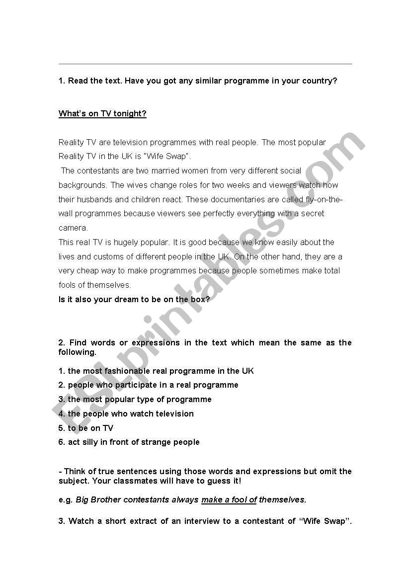 Reality TV worksheet