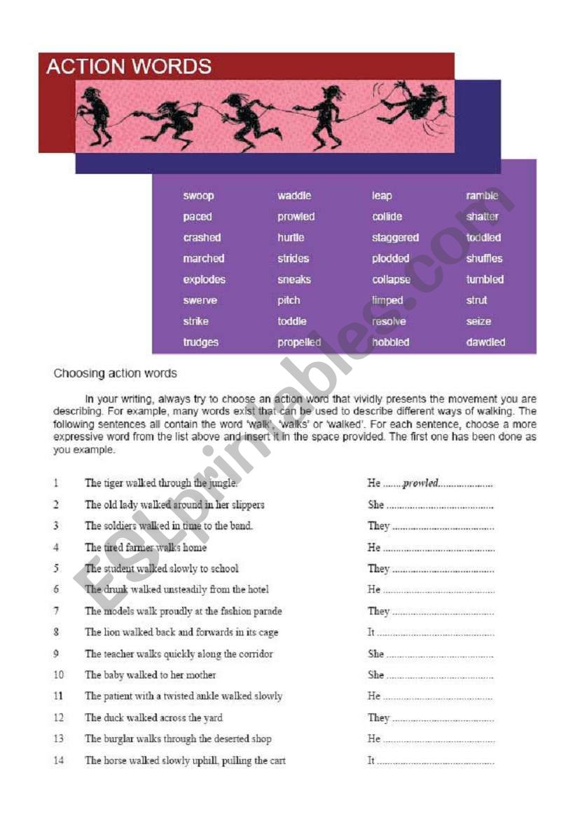 Action words and verb phrase worksheet