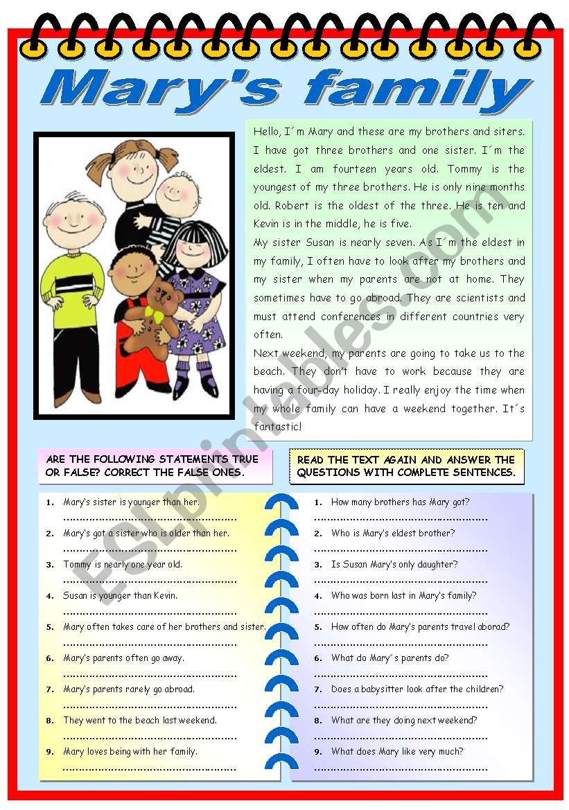 MARYS FAMILY (READING + COMPREHENSION EXERCISES)