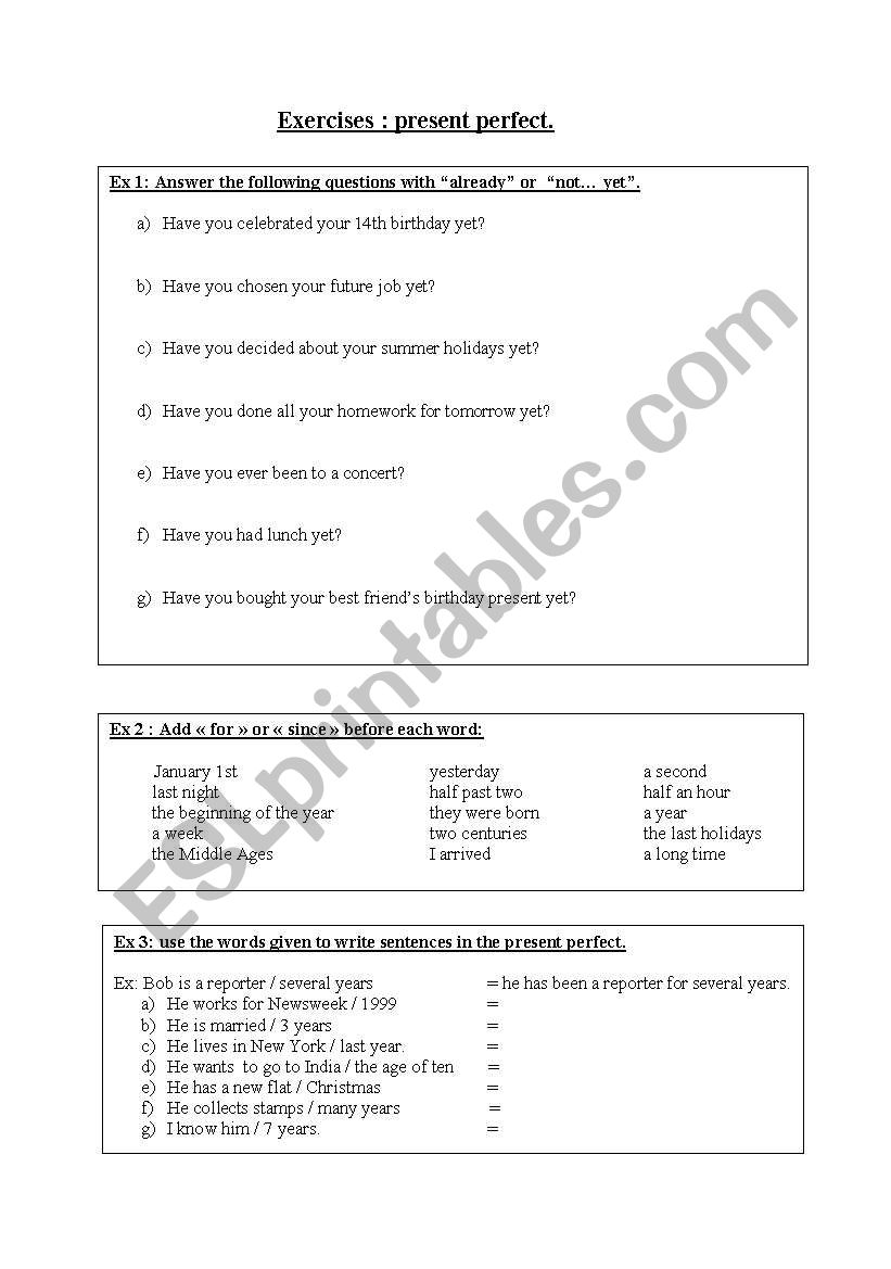 present perfect worksheet