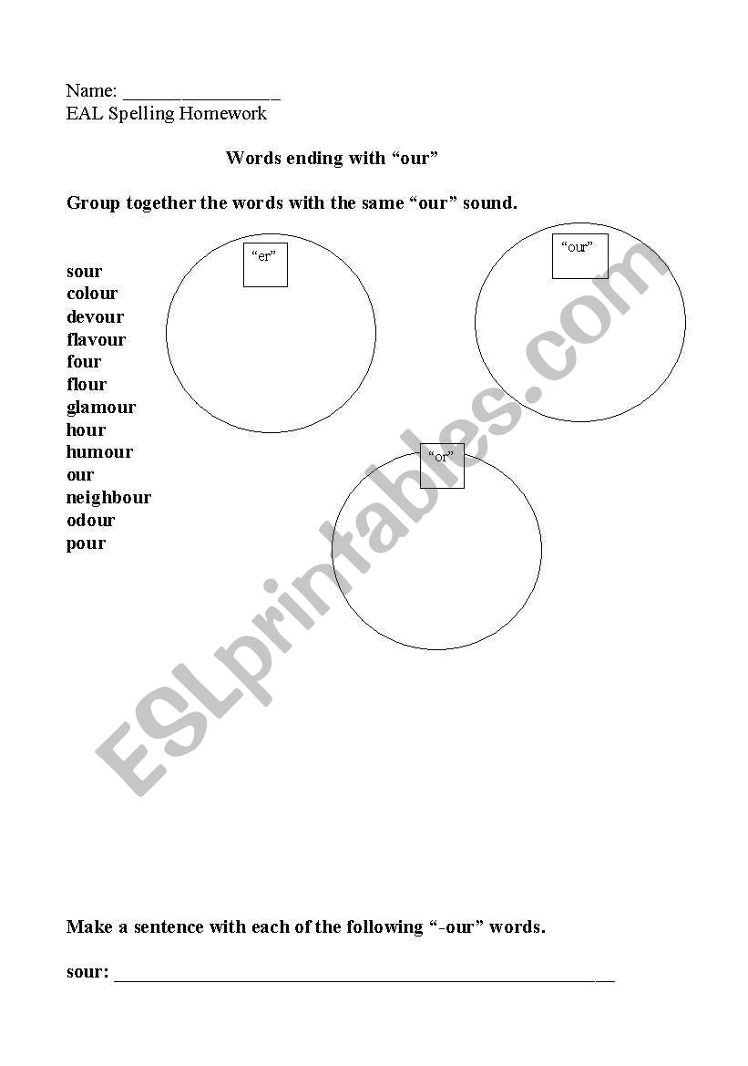 Words ending with -our. worksheet