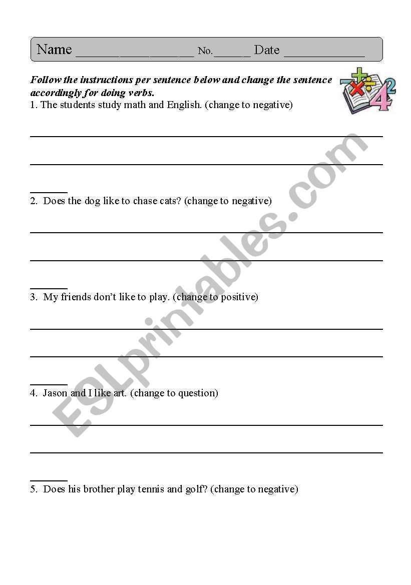 Positive Negative Question worksheet