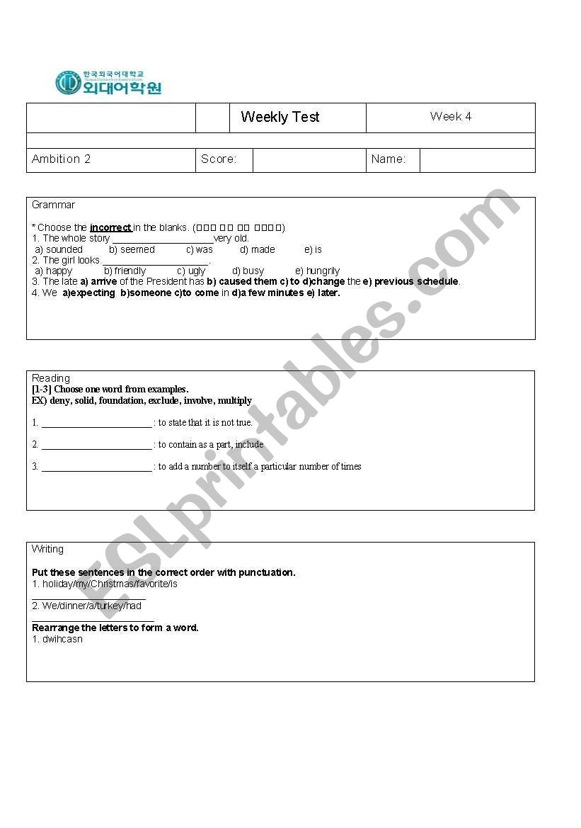Daily Test worksheet