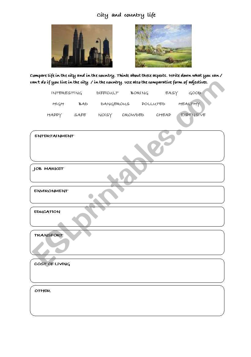 city and country life worksheet