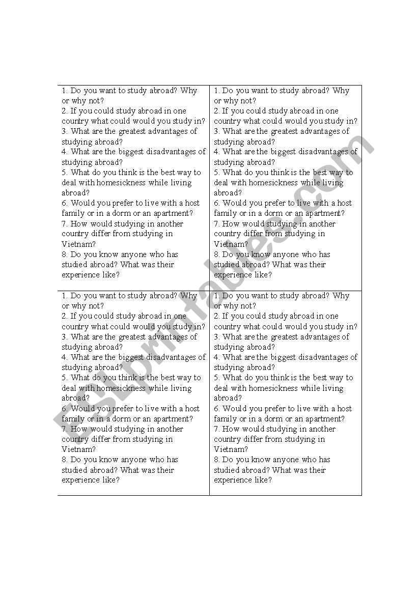 talk topic study abroad worksheet