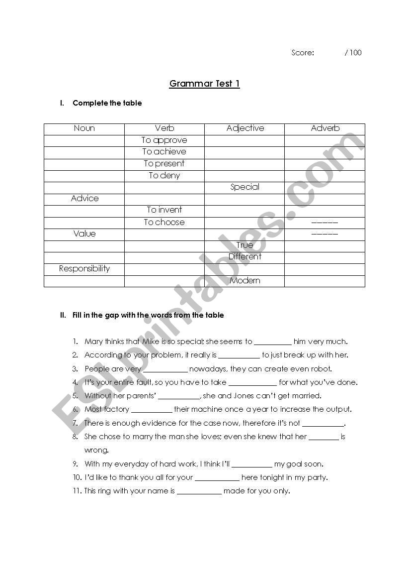 Grammar Test worksheet