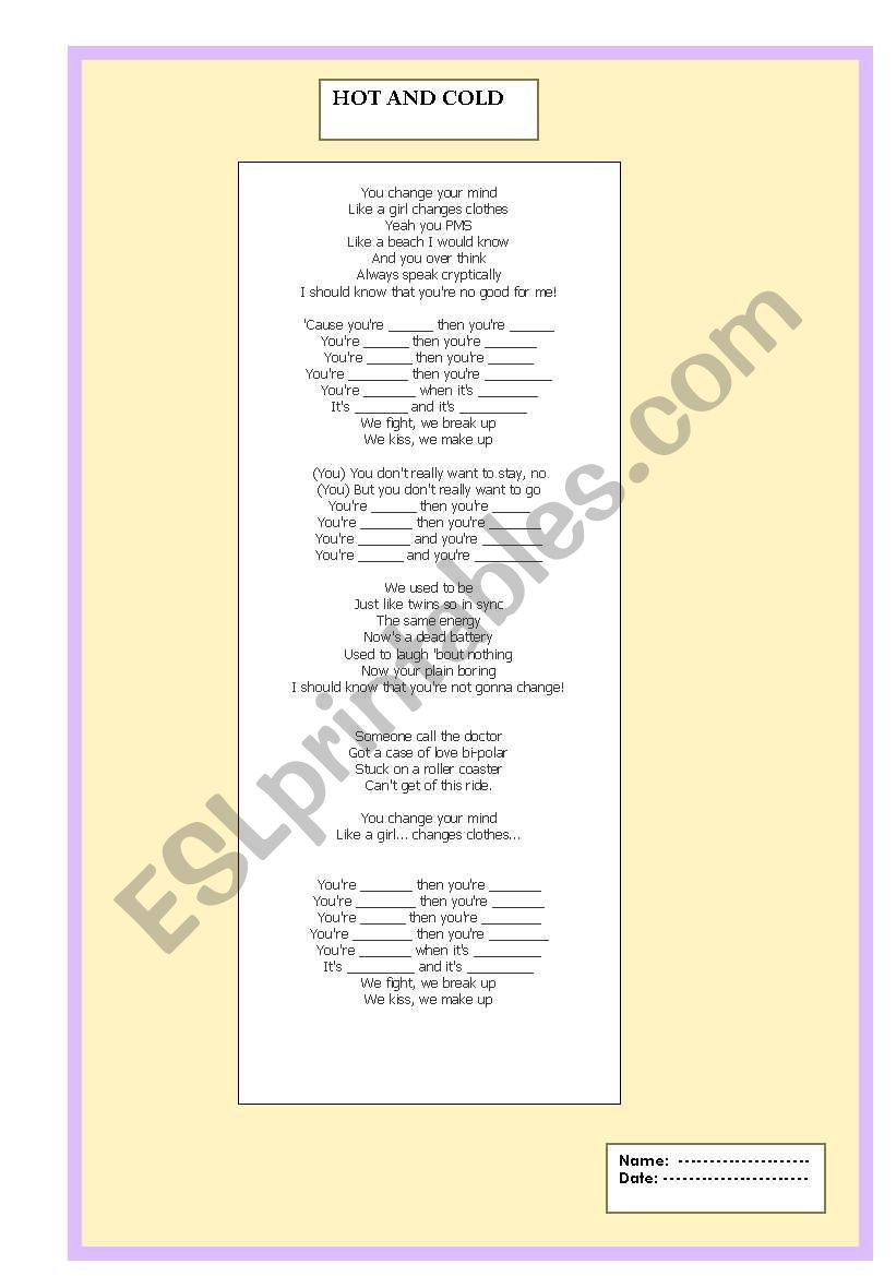 SOng Hot and Cold worksheet