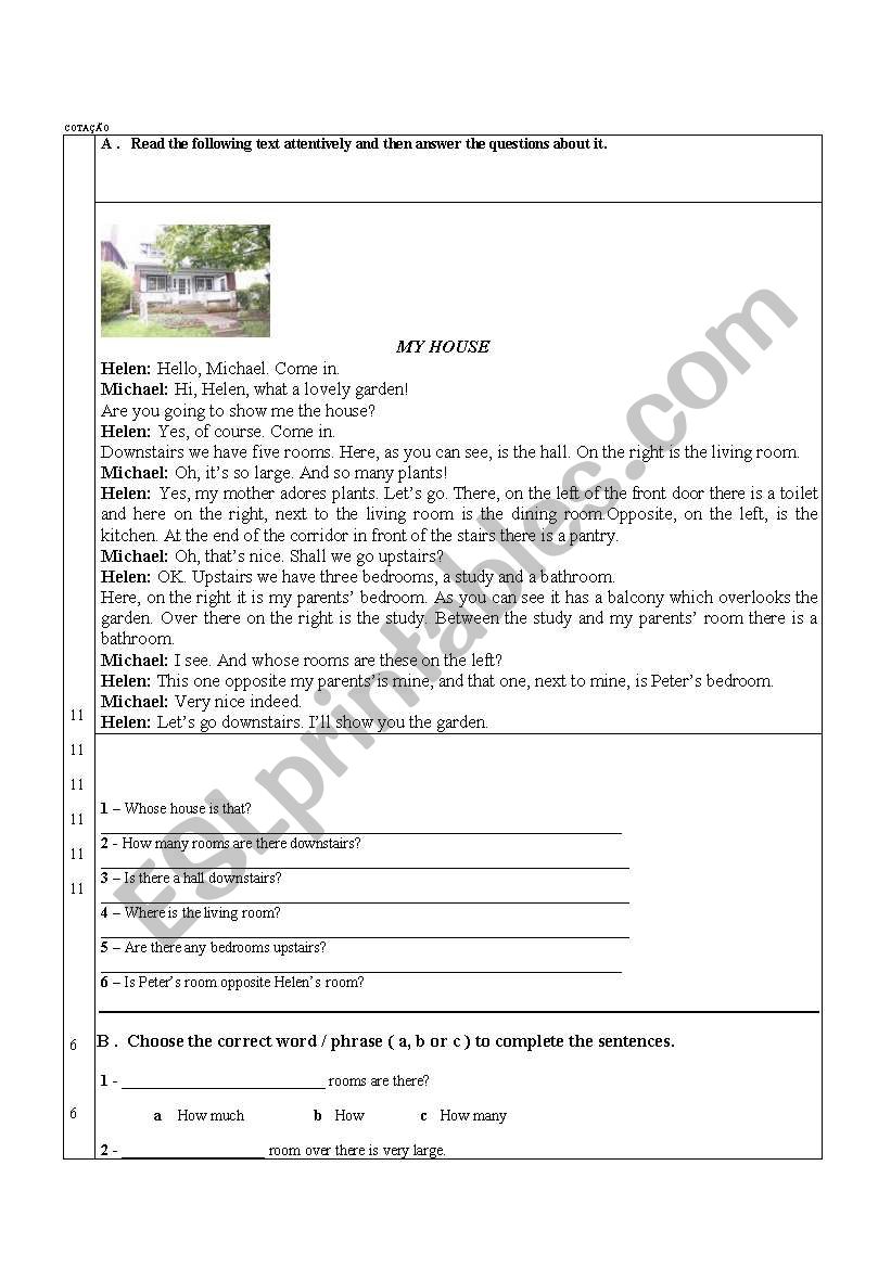 Test on houses worksheet
