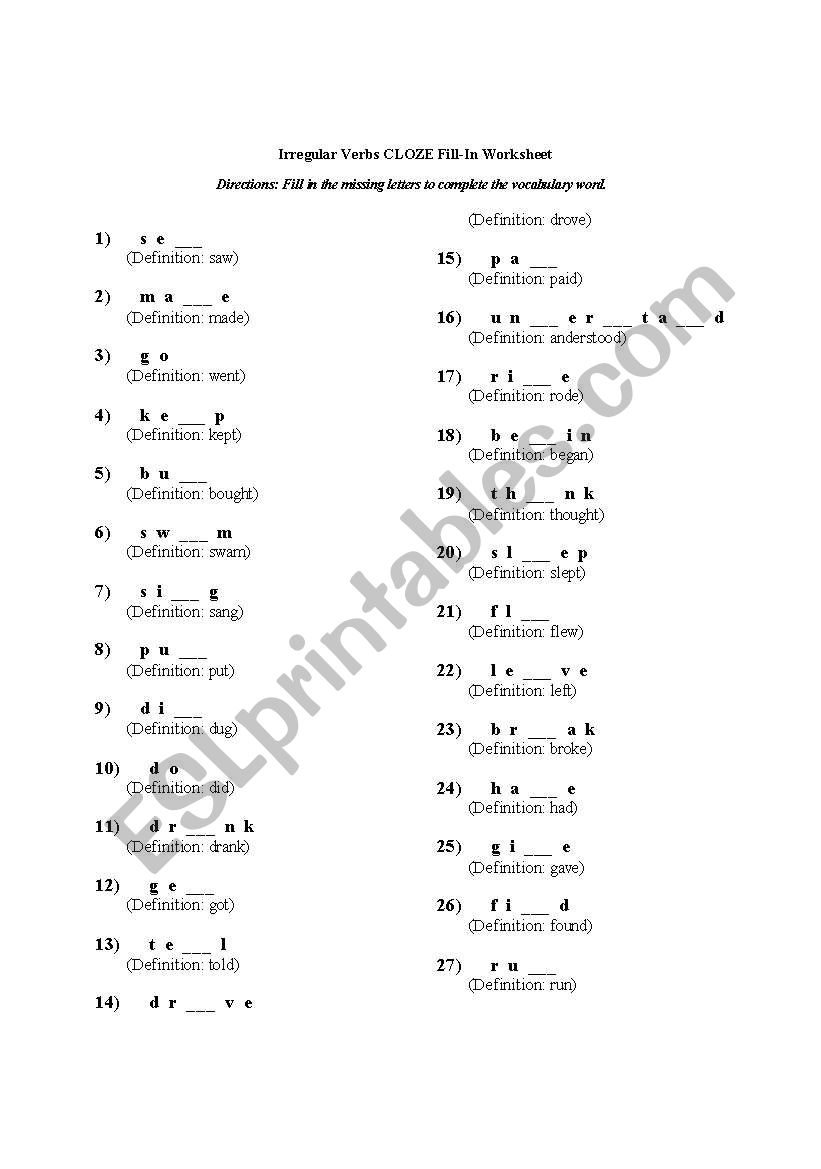 irregular verbs worksheet