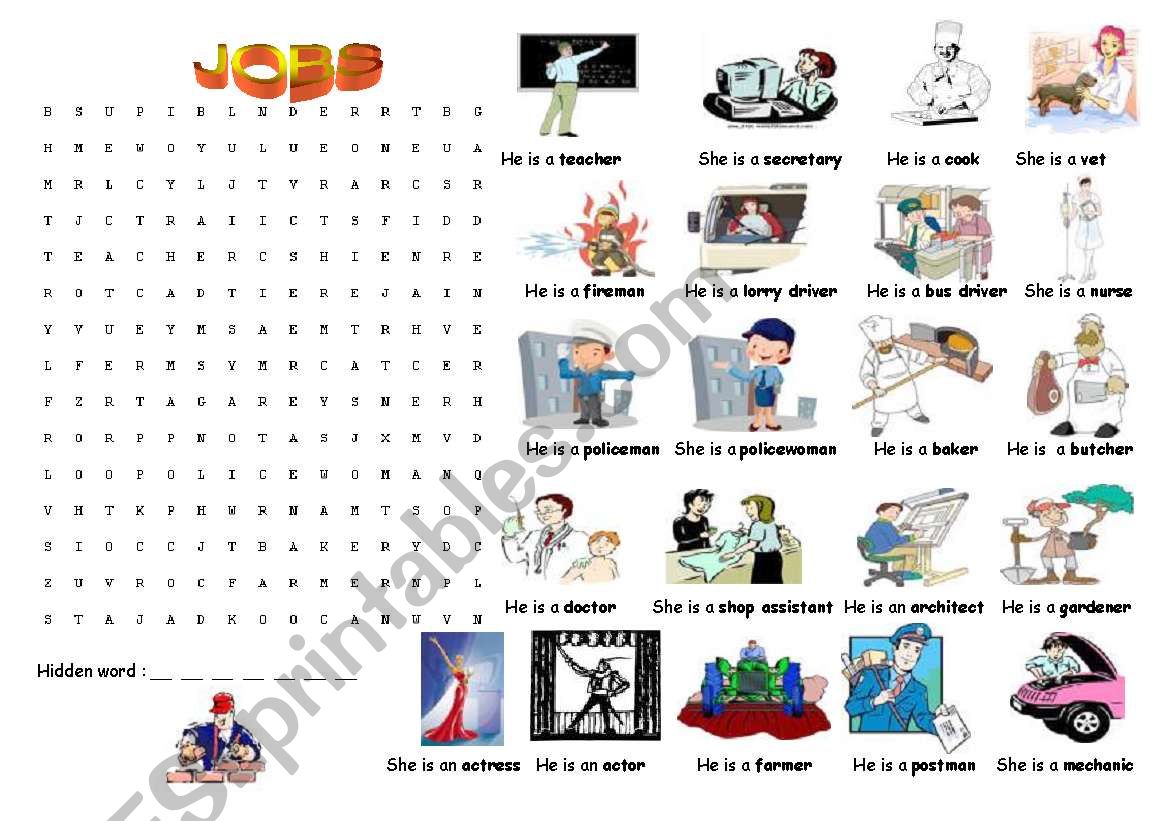 Jobs (wordsearch) worksheet