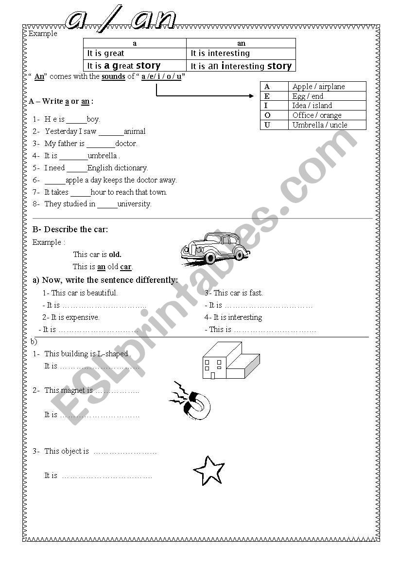 articles  ( a  / an ) worksheet