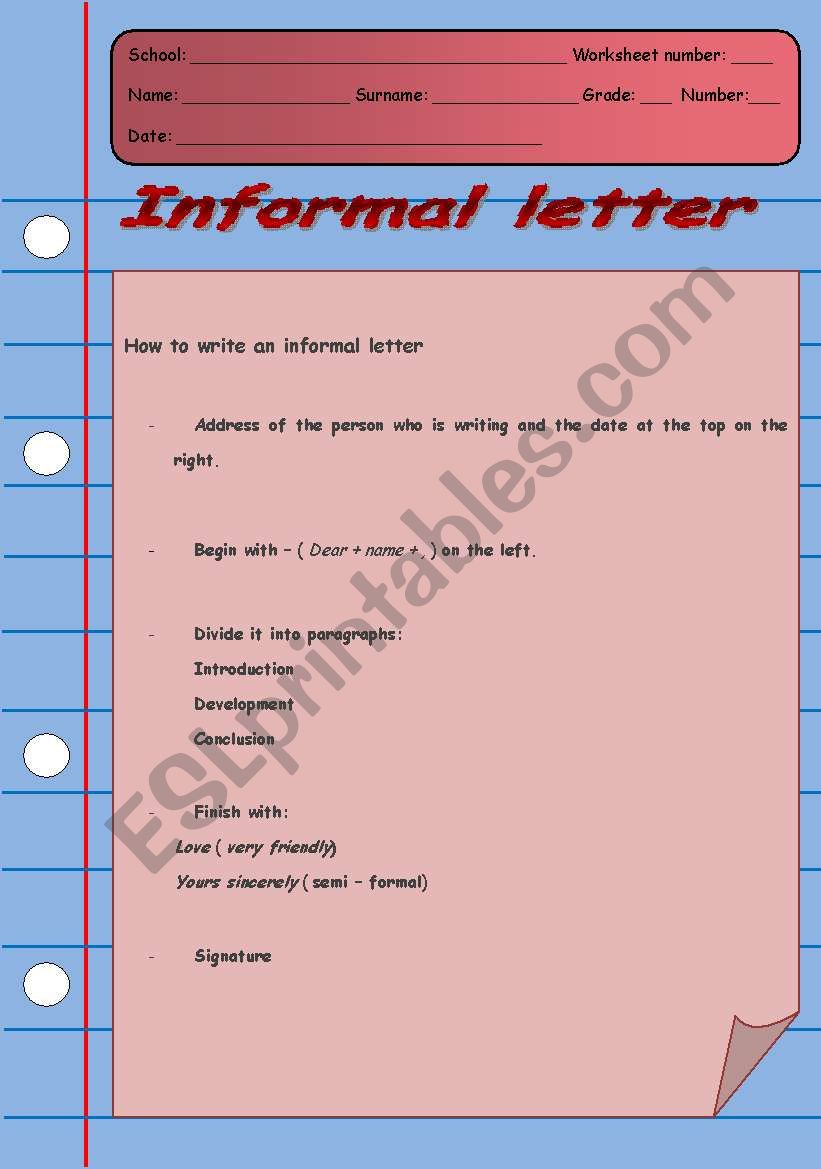 Informal letter - 2 pages worksheet