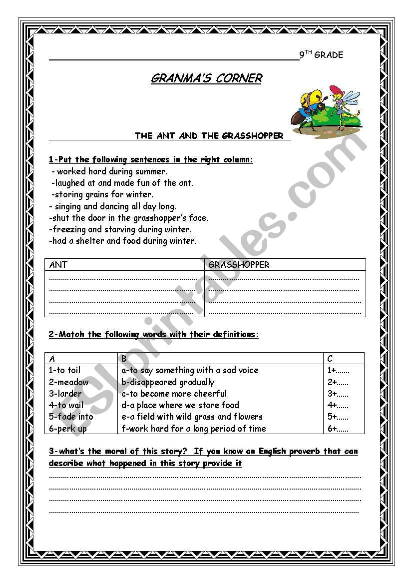 THE ANT AND THE GRASSHOPPER worksheet