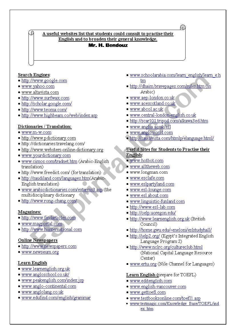 useful websites  worksheet