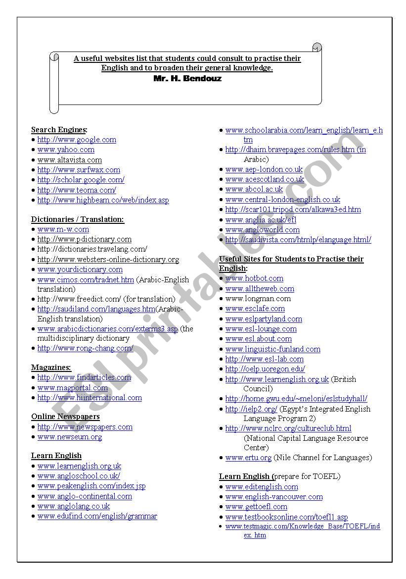 useful websites  worksheet