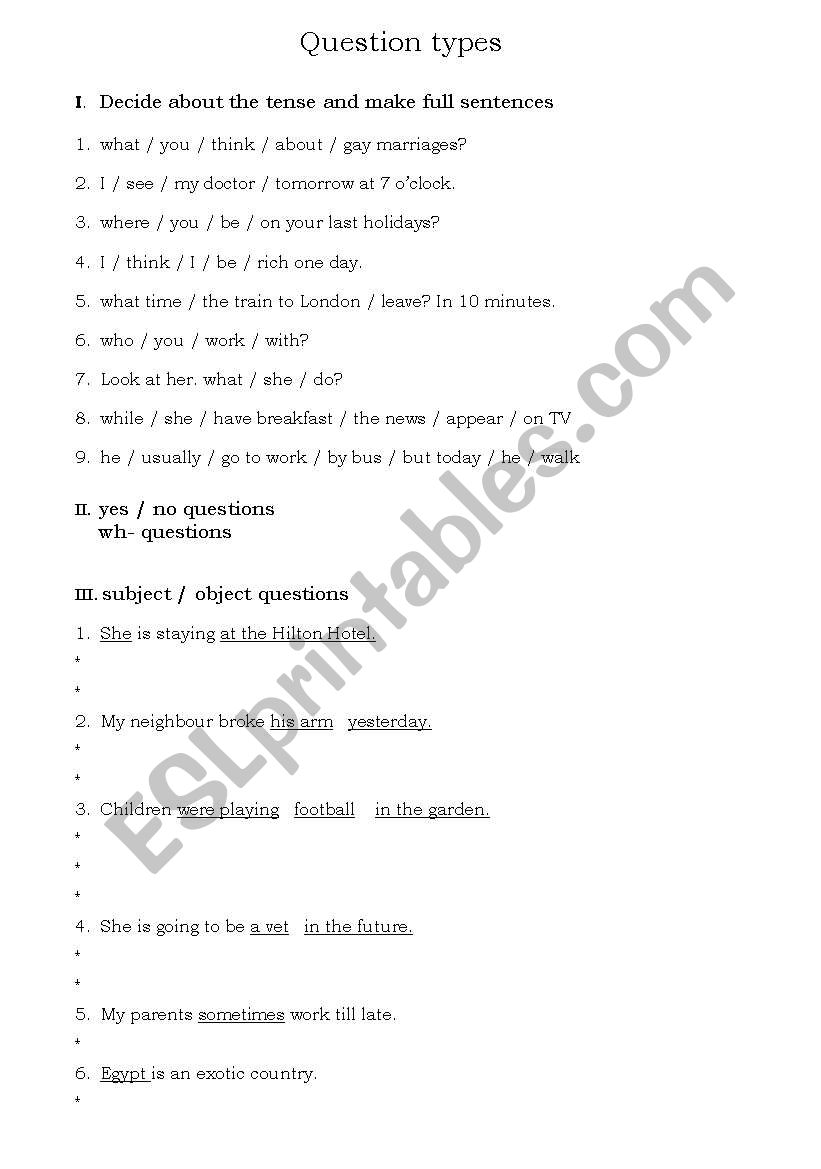 Question types worksheet