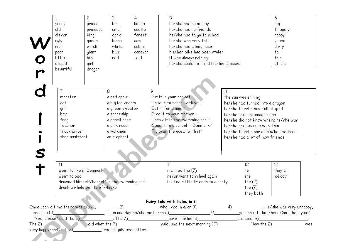 Fairy tale with holes in it worksheet