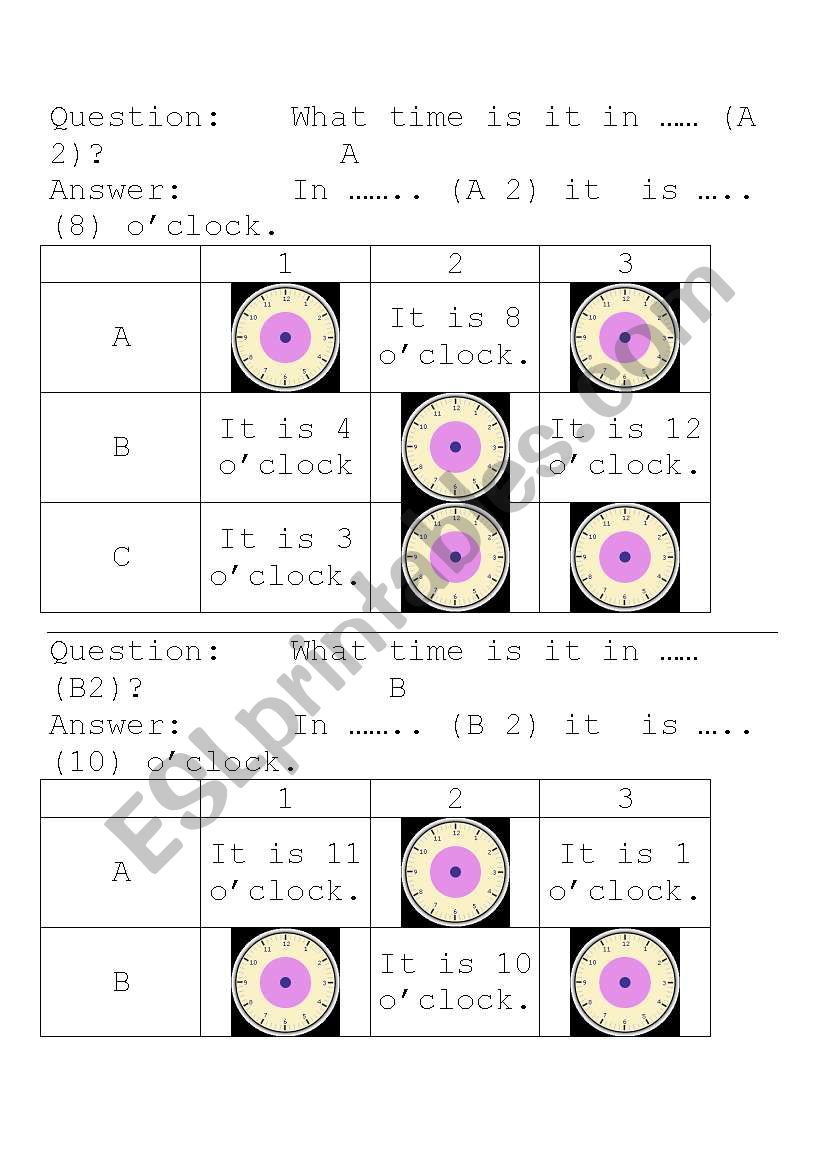 what time is it - pairwork worksheet