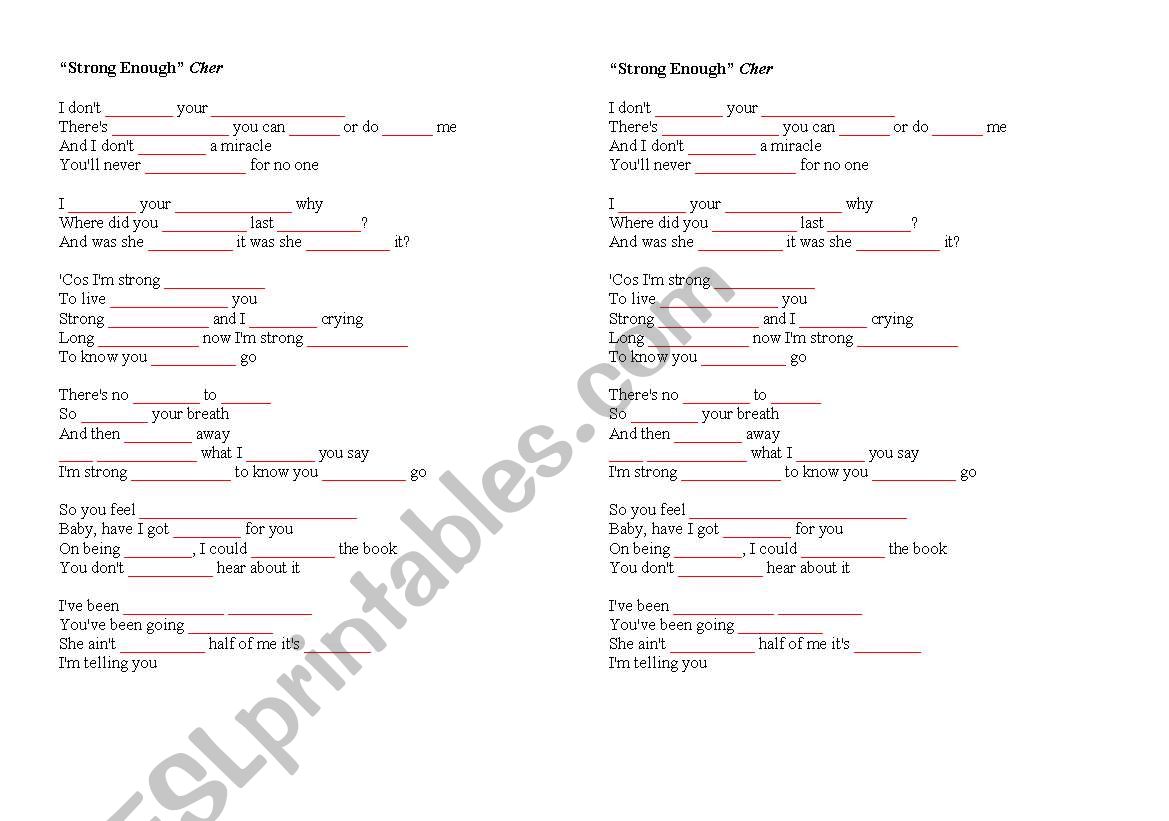 Song - Strong Enough - Cher worksheet