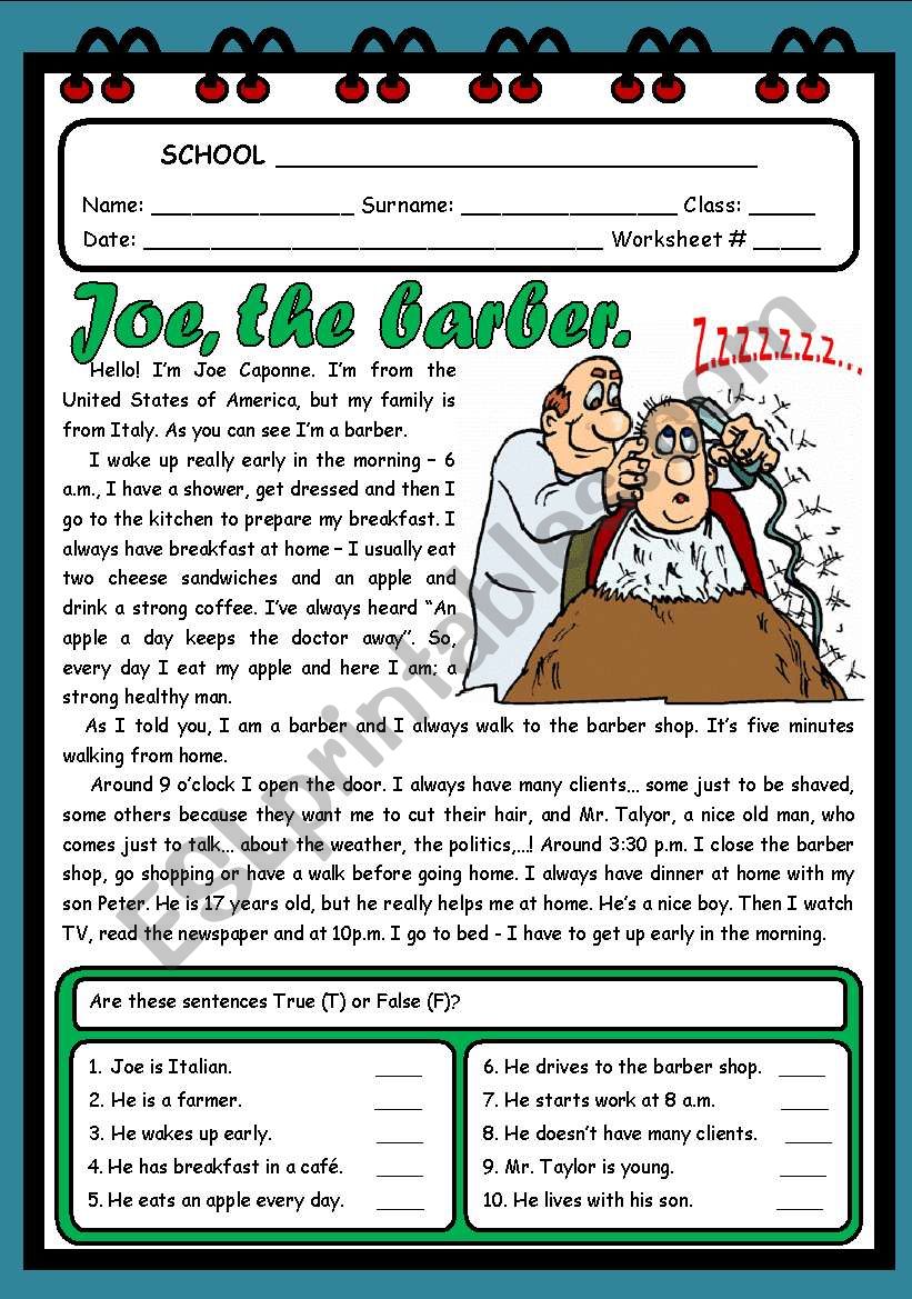 JOE, THE BARBER. ( 2 PAGES ) worksheet