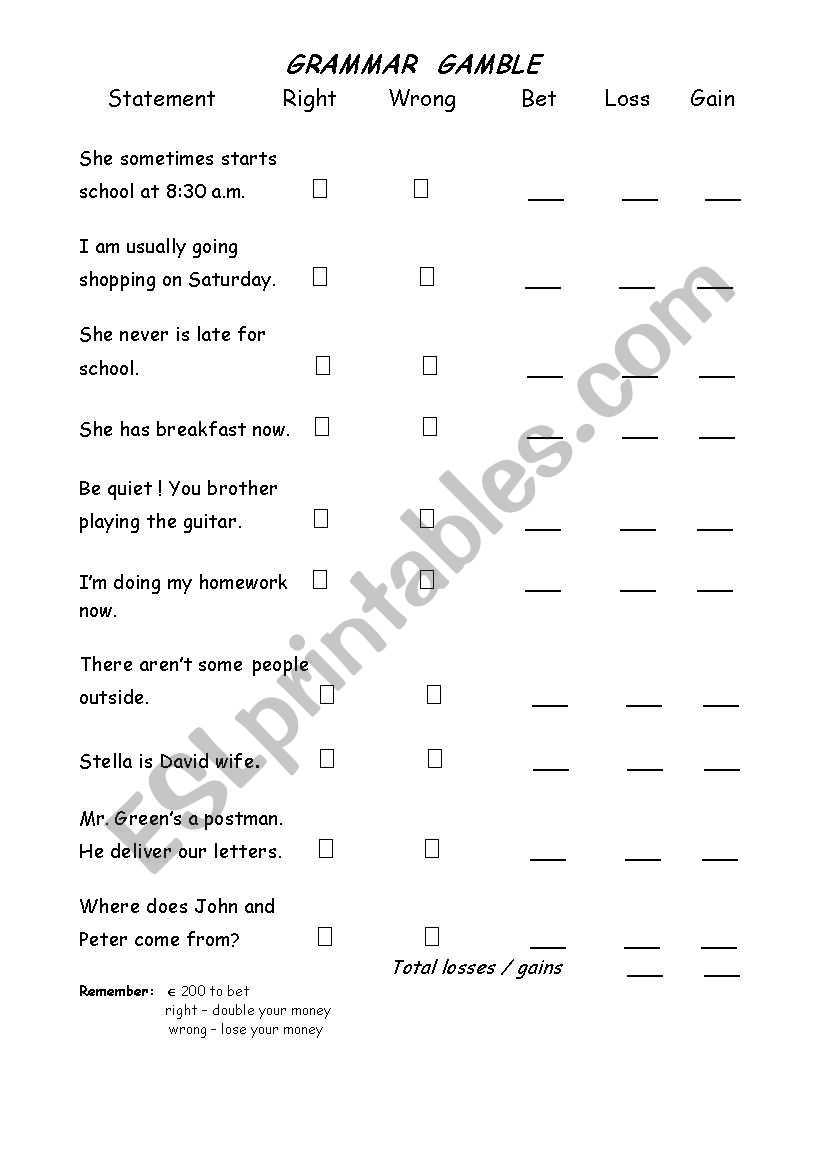 Grammar Gamble worksheet