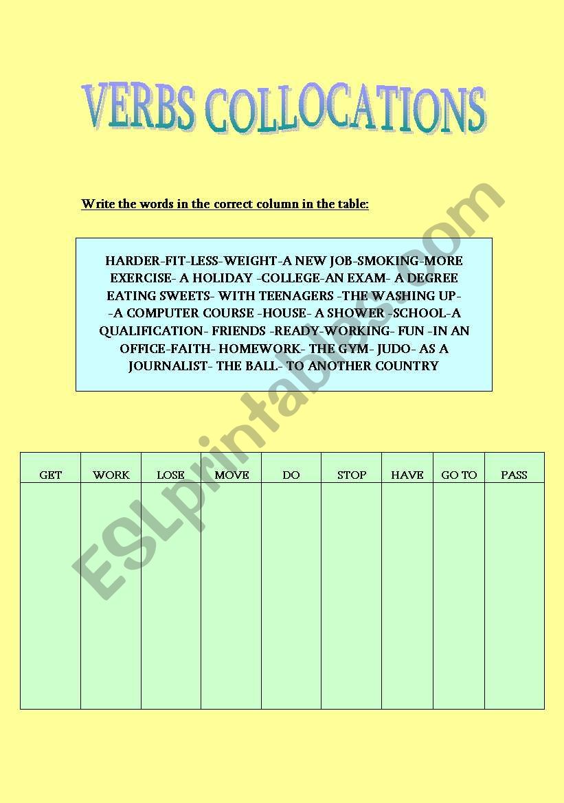 VERBS COLLOCATIONS worksheet