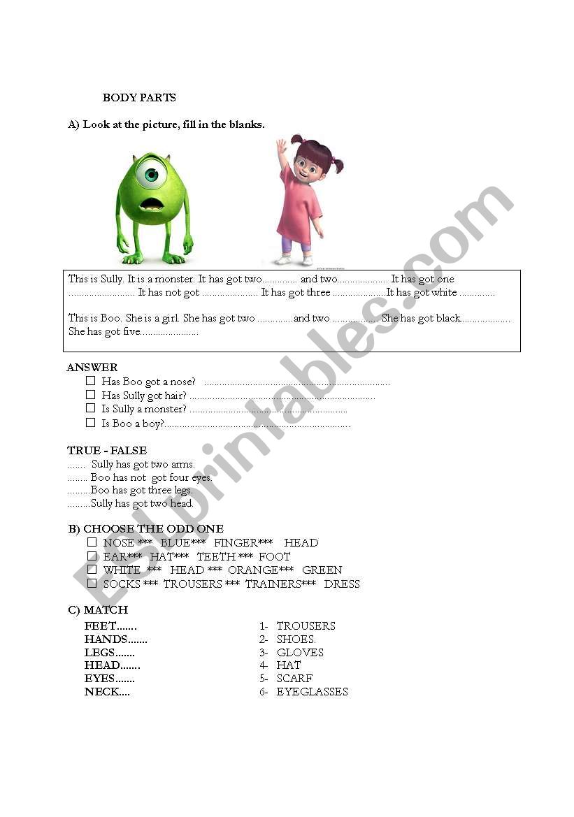 Body Parts worksheet