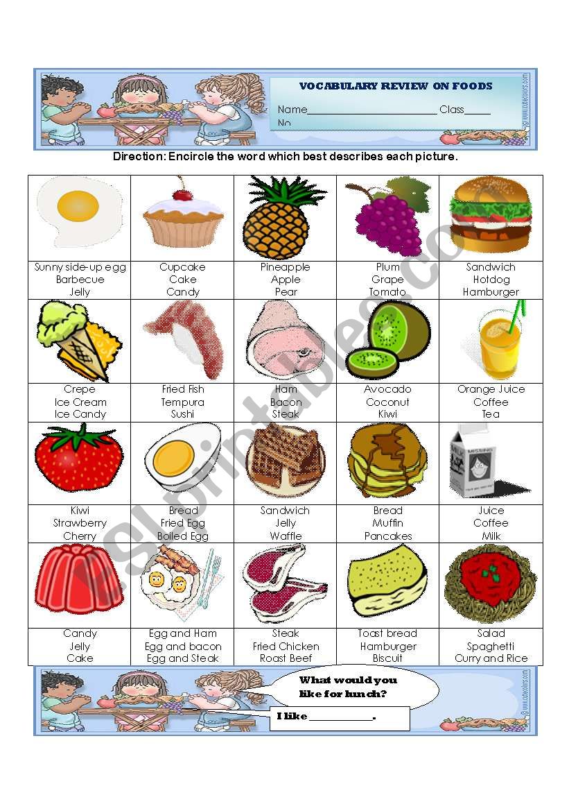 FOOD VOCABULARY REVIEW WORKSHEET