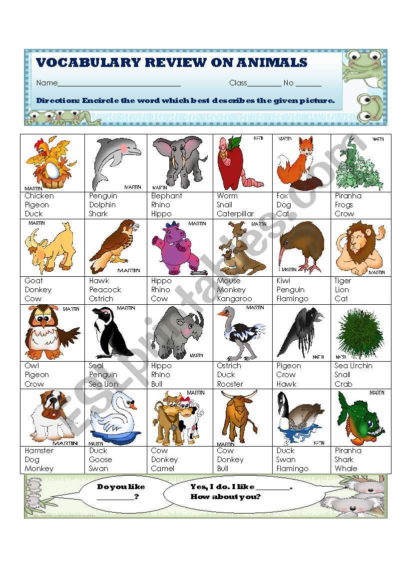 VOCABULARY REVIEW ON ANIMALS worksheet