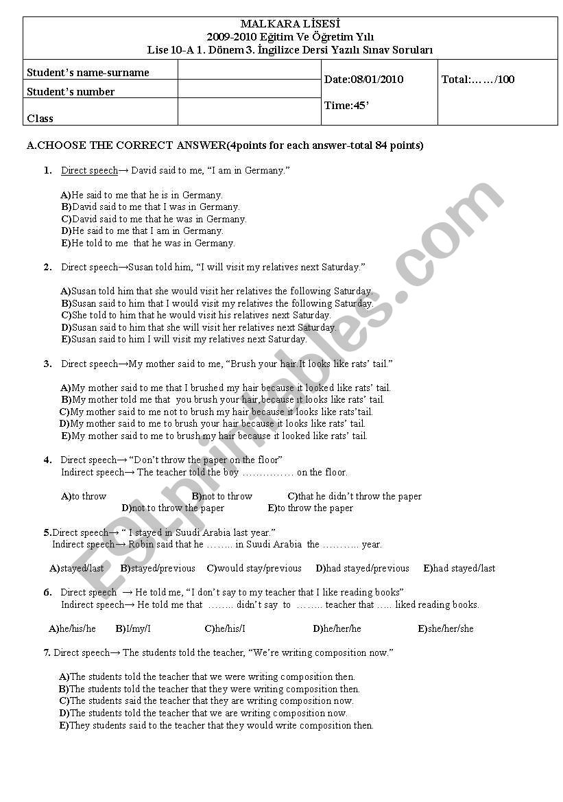 exam paperf worksheet