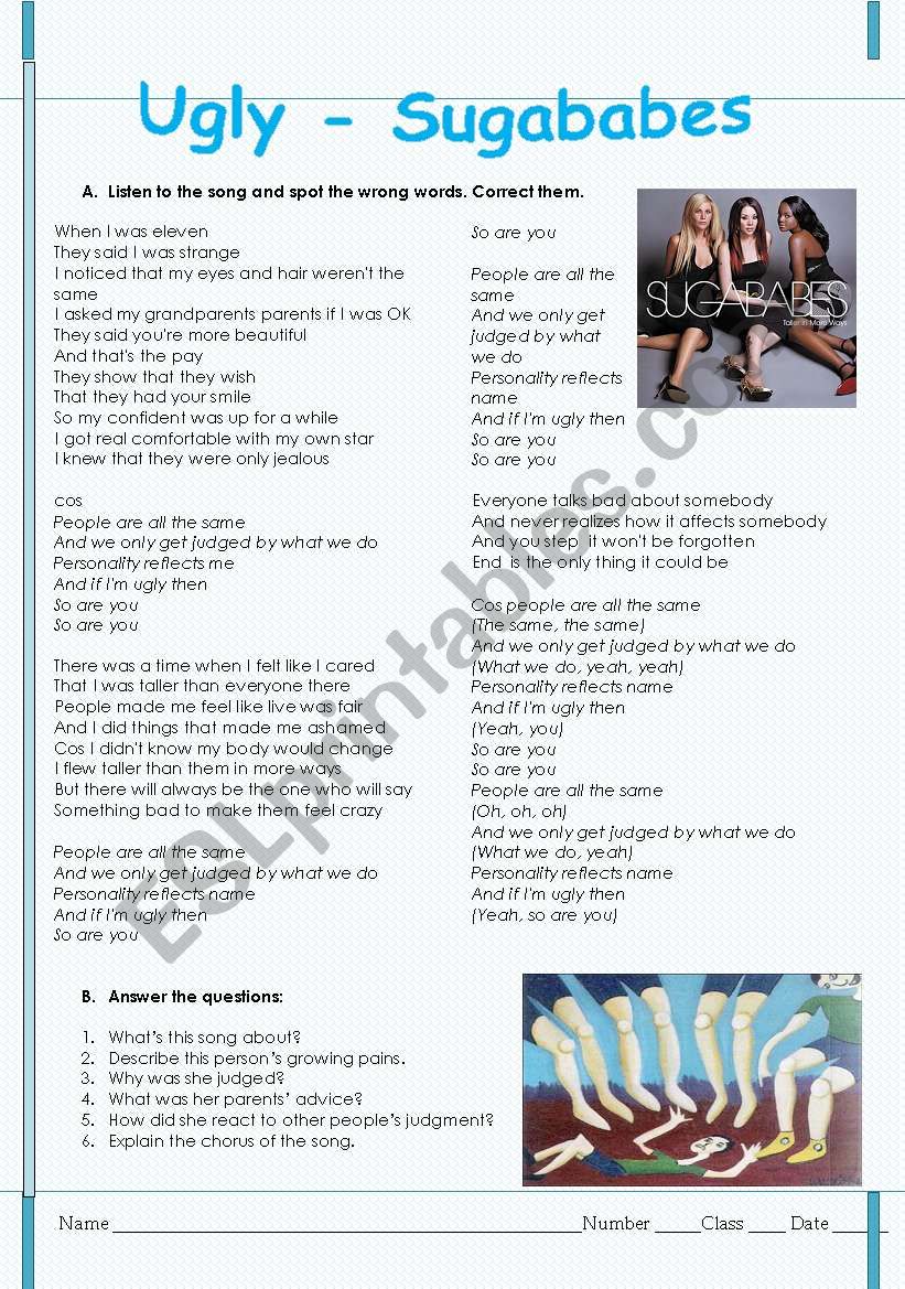 Ugly - Suggababes song worksheet