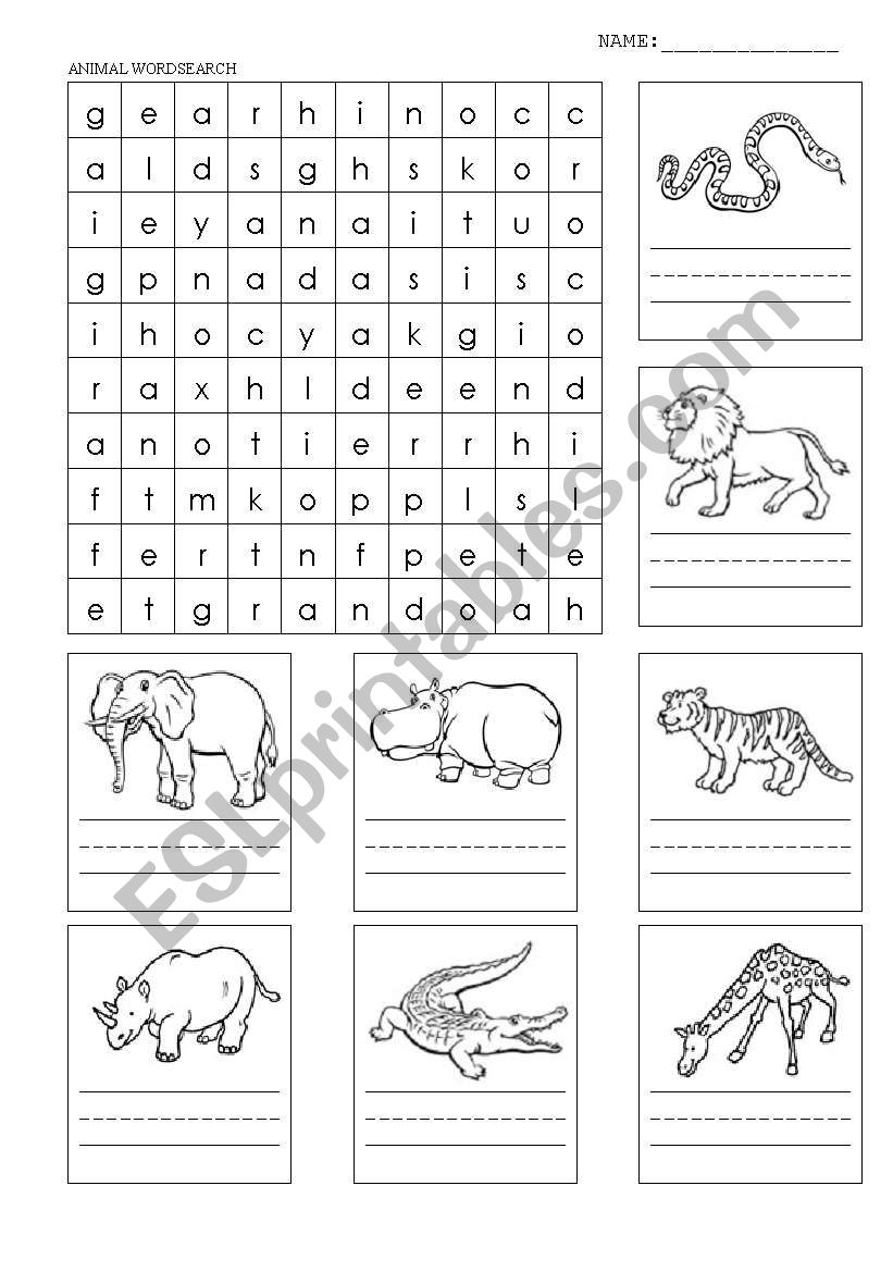 animals wordseach worksheet